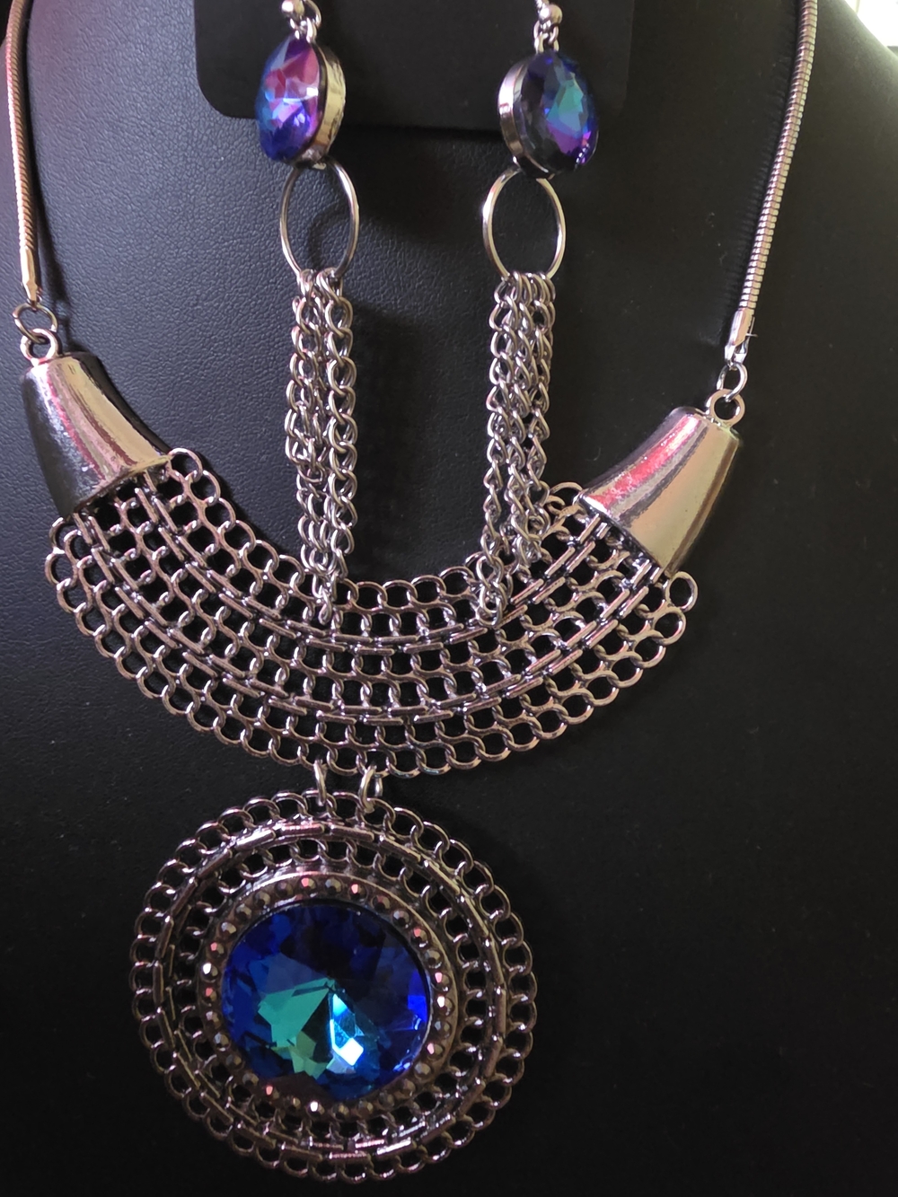 Statement Blue-Green 2 Pc Crystal Pendant Necklace Set